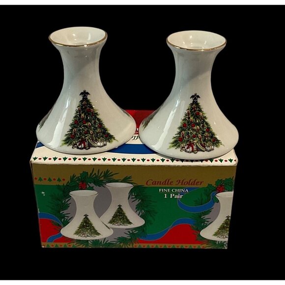 Vintage Set of 2 Fine China Christmas Tree Design Candle Holders w/Box - Picture 2 of 6